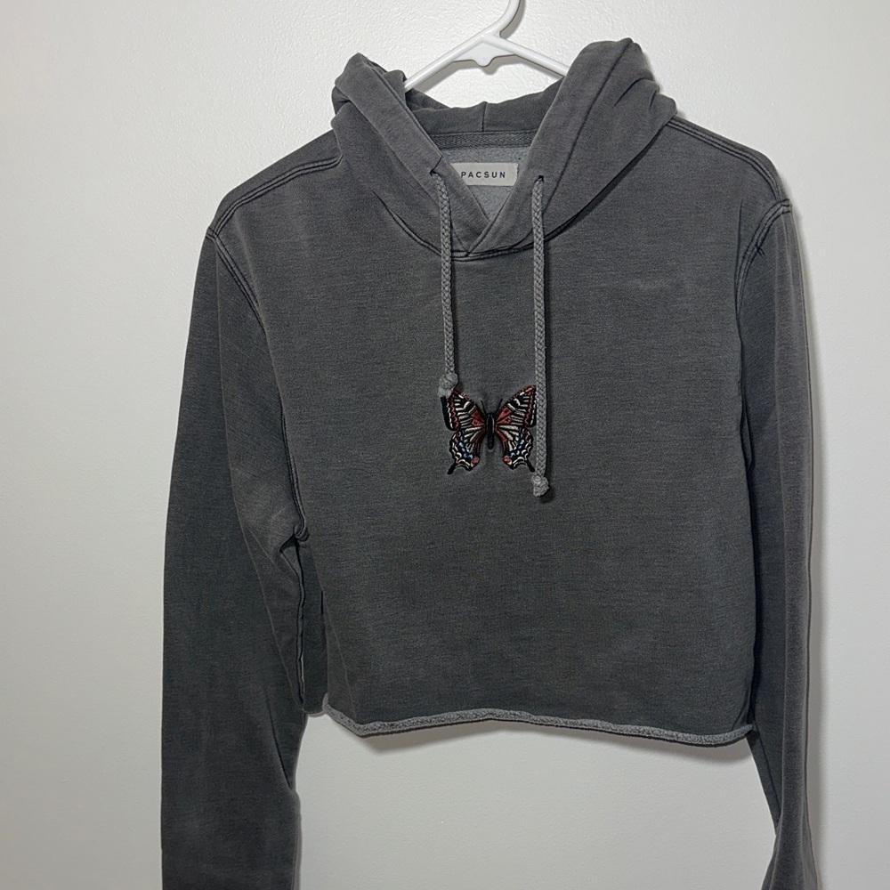 PacSun Cropped Charcoal Hoodie with Butterfly Accent Size M